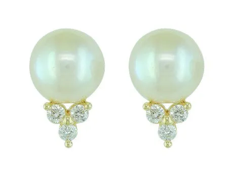 14K Yellow Gold Pearl and Diamond Stud Earrings