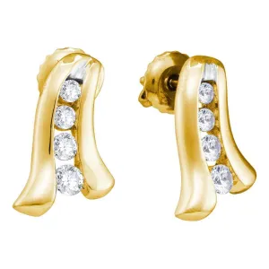 14K Yellow Gold Round Diamond Ribbon Screwback Stud Earrings 1/3 Cttw