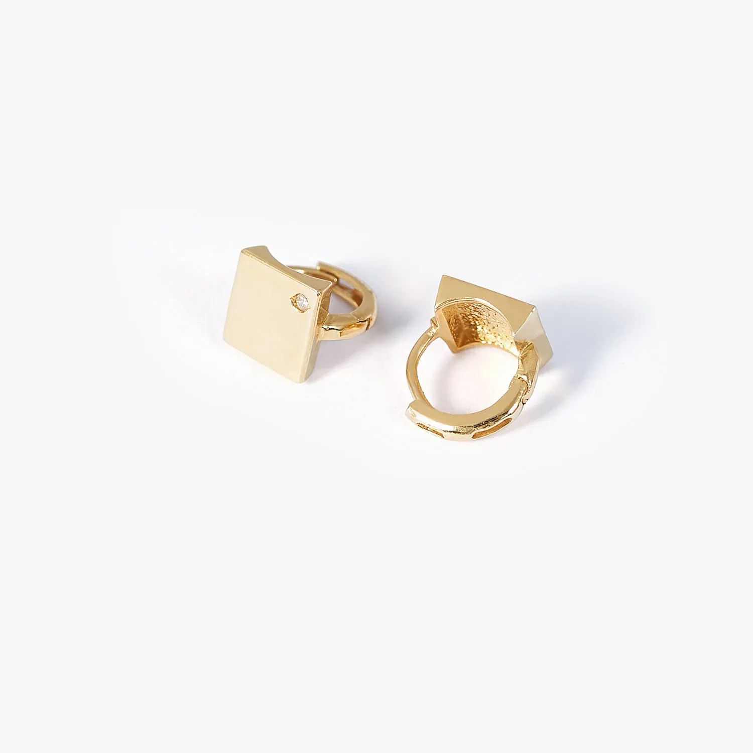 14K Yellow Gold Square Stud Earrings  with diamond