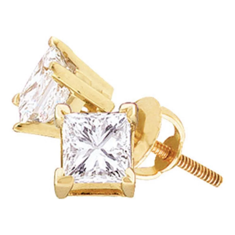 14K Yellow Gold Unisex Princess Diamond Solitaire Stud Earrings 1-1/2 Cttw