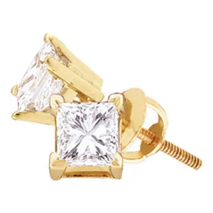 14K Yellow Gold Unisex Princess Diamond Solitaire Stud Earrings 1/2 Cttw