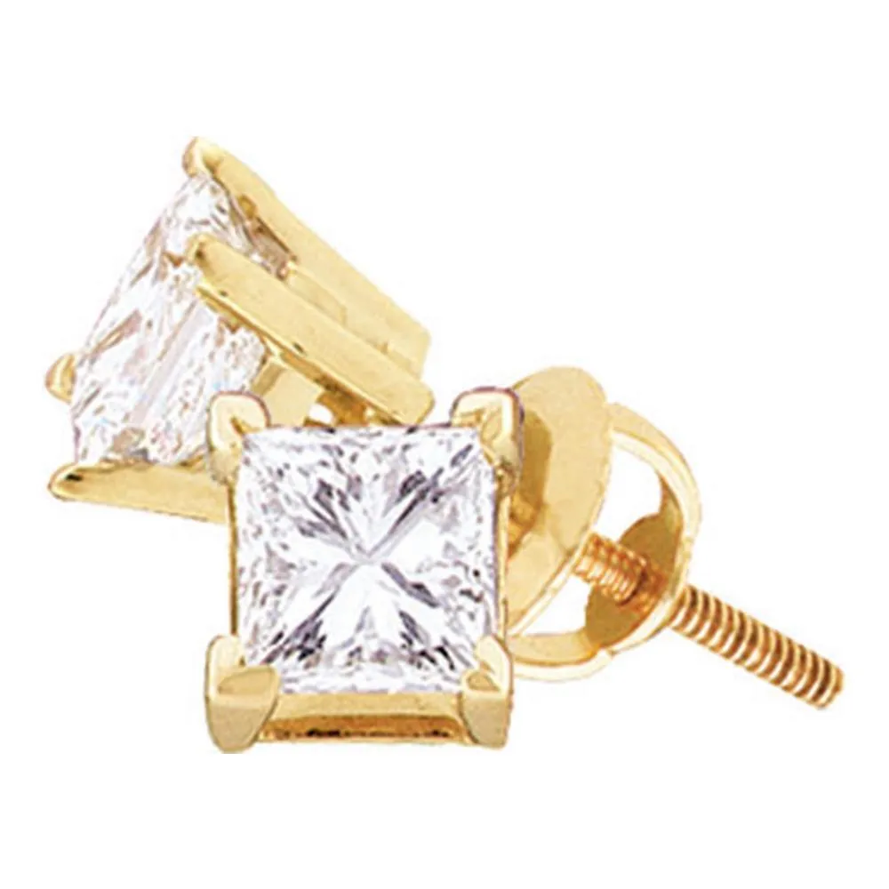 14K Yellow Gold Unisex Princess Diamond Solitaire Stud Earrings 1/2 Cttw