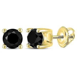 14K Yellow Gold Unisex Round Black Color Enhanced Diamond Solitaire Stud Earrings 1.00 Cttw