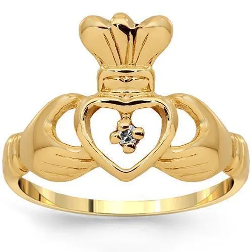 14K Yellow Solid Gold Diamond Irish Claddagh Ring 0.04 Cwt.