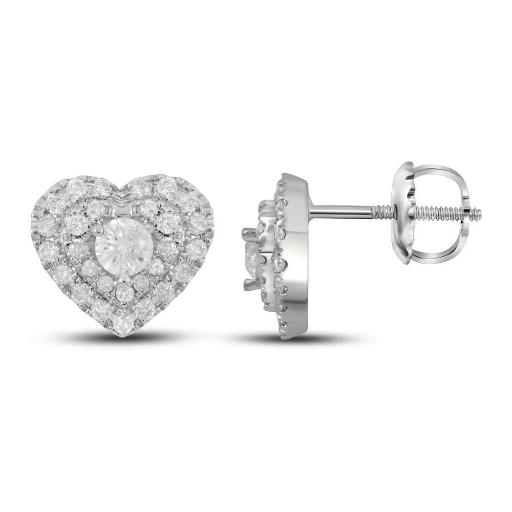 14kt White Gold Womens Round Diamond Heart Stud Earrings 1/2 Cttw