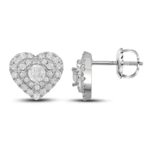 14kt White Gold Womens Round Diamond Heart Stud Earrings 1/2 Cttw
