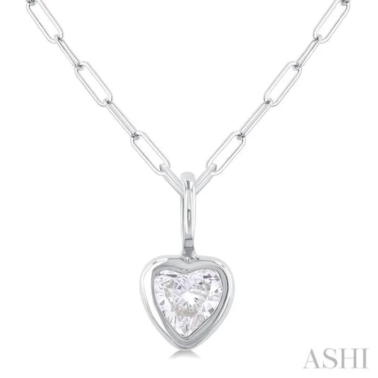1/5 ctw Heart Shape Bezel Set Diamond Fashion Pendant With Paperclip Chain in 14K White Gold