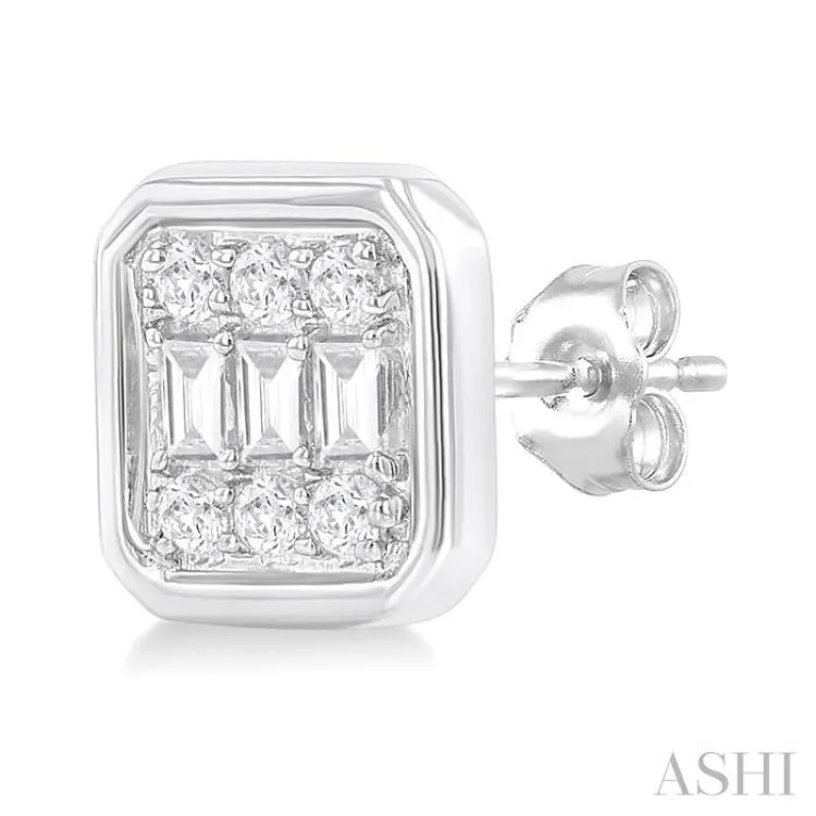 1/5 ctw Petite Bezel Set Emerald Shape Fusion Baguette and Round Cut Diamond Fashion Stud Earring in 10K White Gold