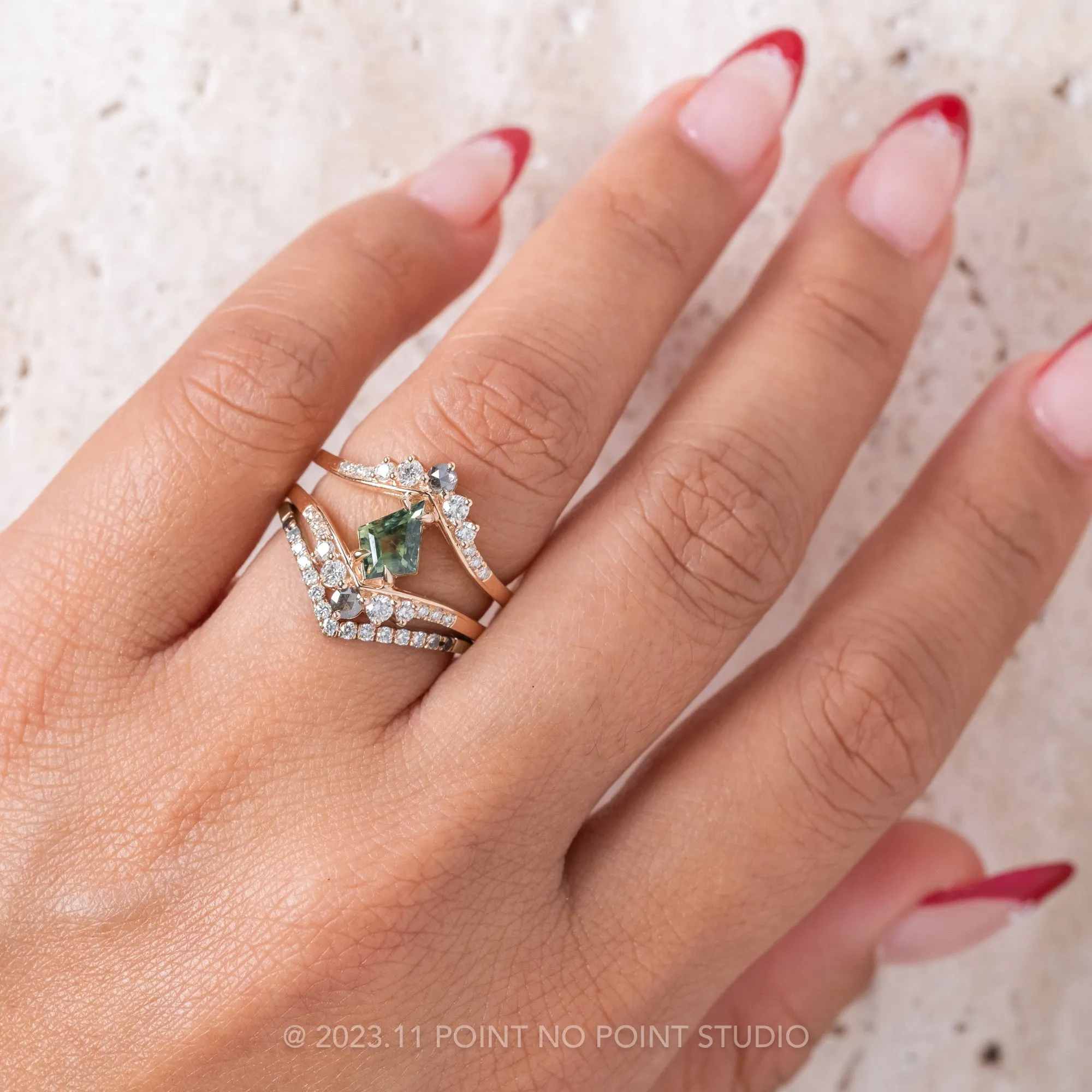 1.56 Carat Green Kite Sapphire and Diamond Engagement Ring, Empress Setting, 14K Rose Gold