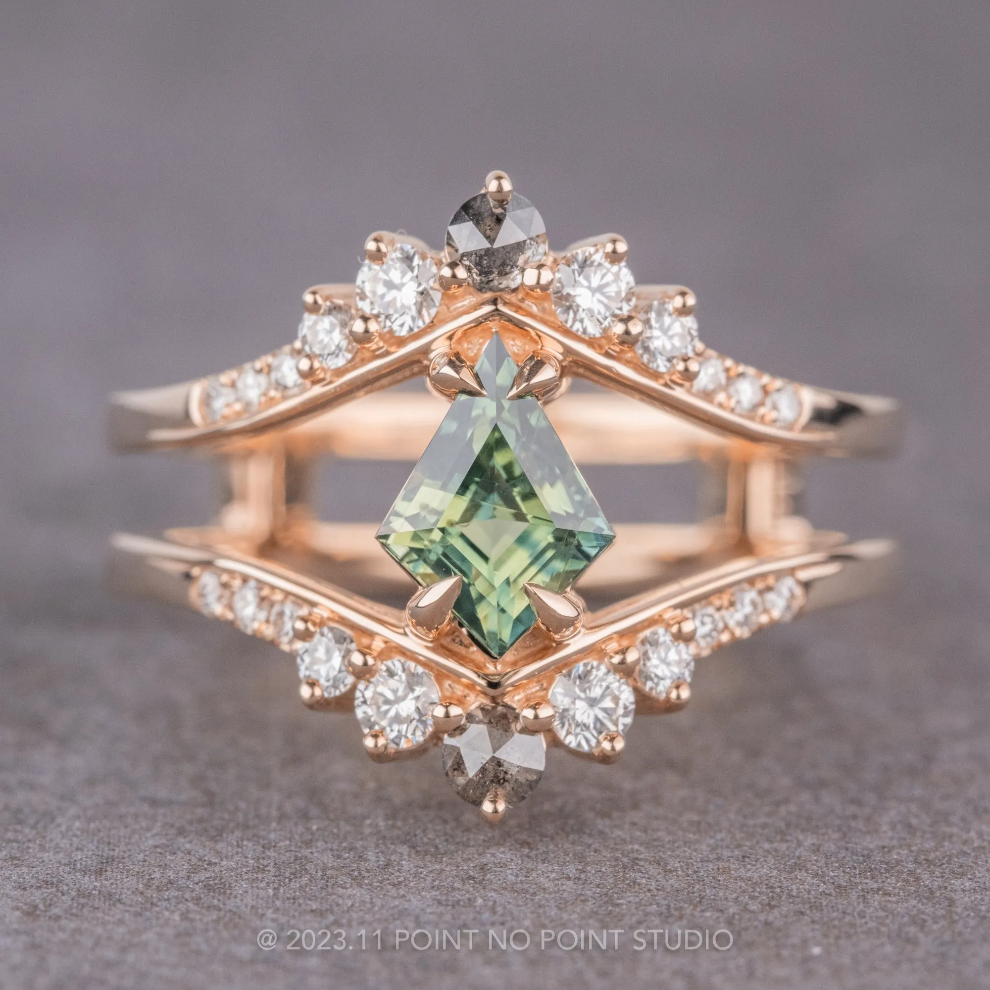 1.56 Carat Green Kite Sapphire and Diamond Engagement Ring, Empress Setting, 14K Rose Gold