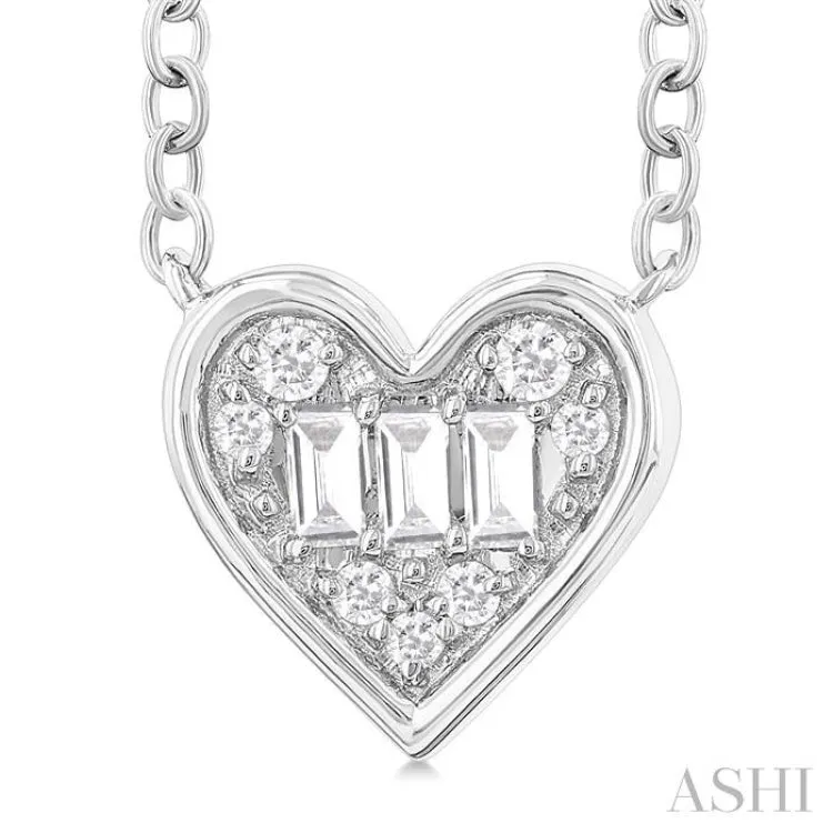 1/6 ctw Petite Bezel Set Heart Shape Fusion Baguette and Round Cut Diamond Fashion Pendant With Chain in 10K White Gold