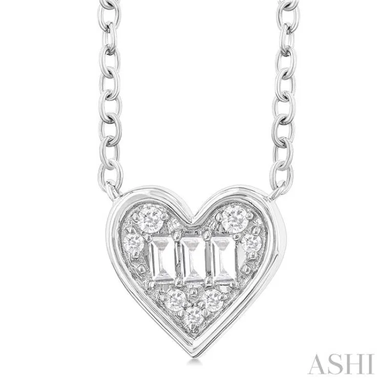 1/6 ctw Petite Bezel Set Heart Shape Fusion Baguette and Round Cut Diamond Fashion Pendant With Chain in 10K White Gold