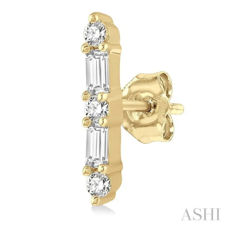 1/6 ctw Solid Bar Baguette and Round Cut Diamond Petite Earring in 10K Yellow Gold