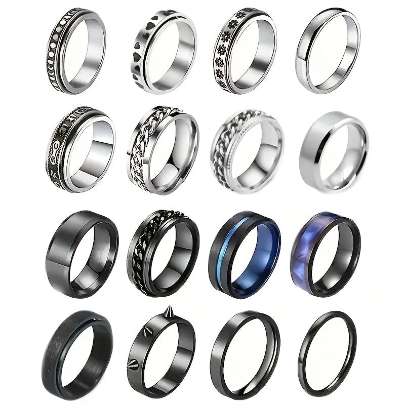 16pcs Men's Stainless Steel Geometric Wedding Ring Set