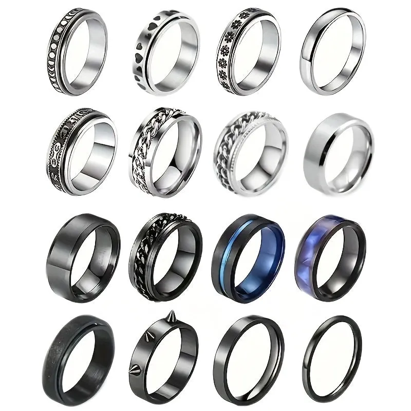 16pcs Men's Stainless Steel Geometric Wedding Ring Set