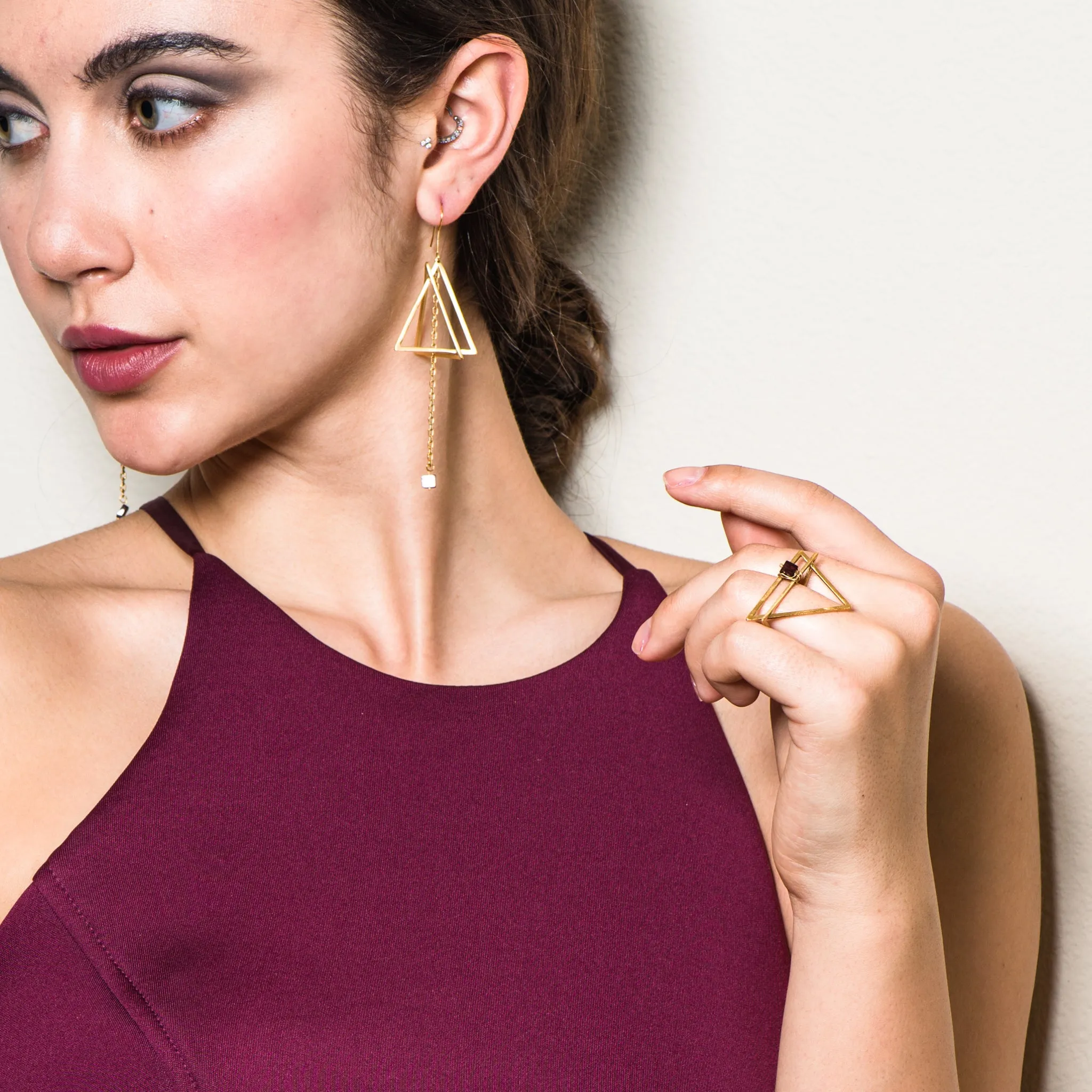 18K Gold-Plated and Garnet Double Triangle Ring