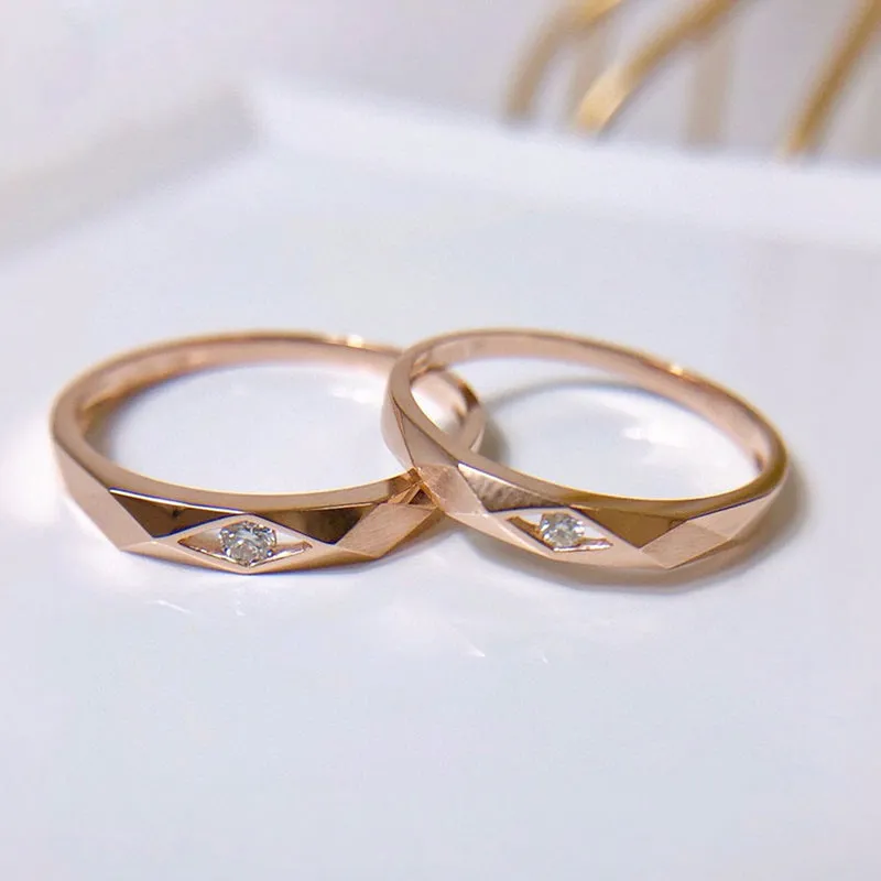 18K Rose Gold Round Natural Diamond Geometric Couple Ring