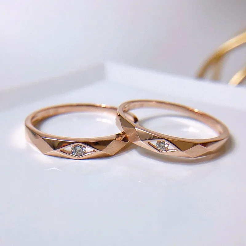 18K Rose Gold Round Natural Diamond Geometric Couple Ring