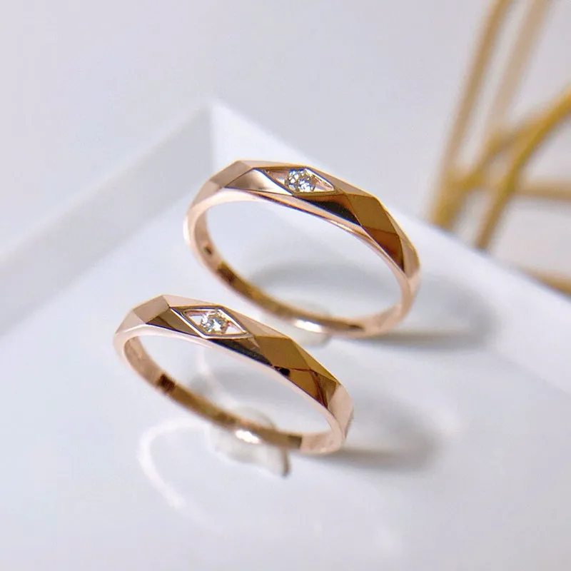 18K Rose Gold Round Natural Diamond Geometric Couple Ring