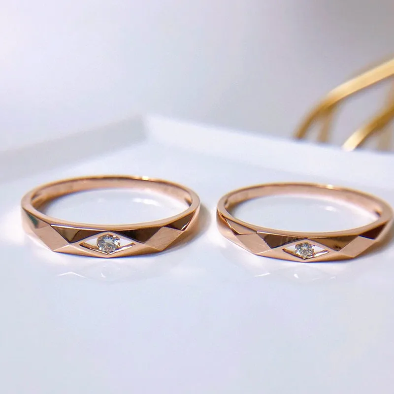 18K Rose Gold Round Natural Diamond Geometric Couple Ring