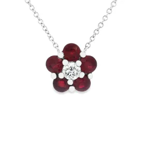 18k White Gold Diamond & Ruby Flower Pendant