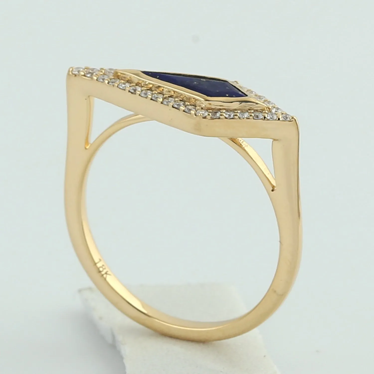 18k Yellow Gold Kite Cut Lapis Pave Diamond Geometric Ring Jewelry