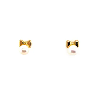 18K Yellow Gold Pearl Stud   Bow Earrings