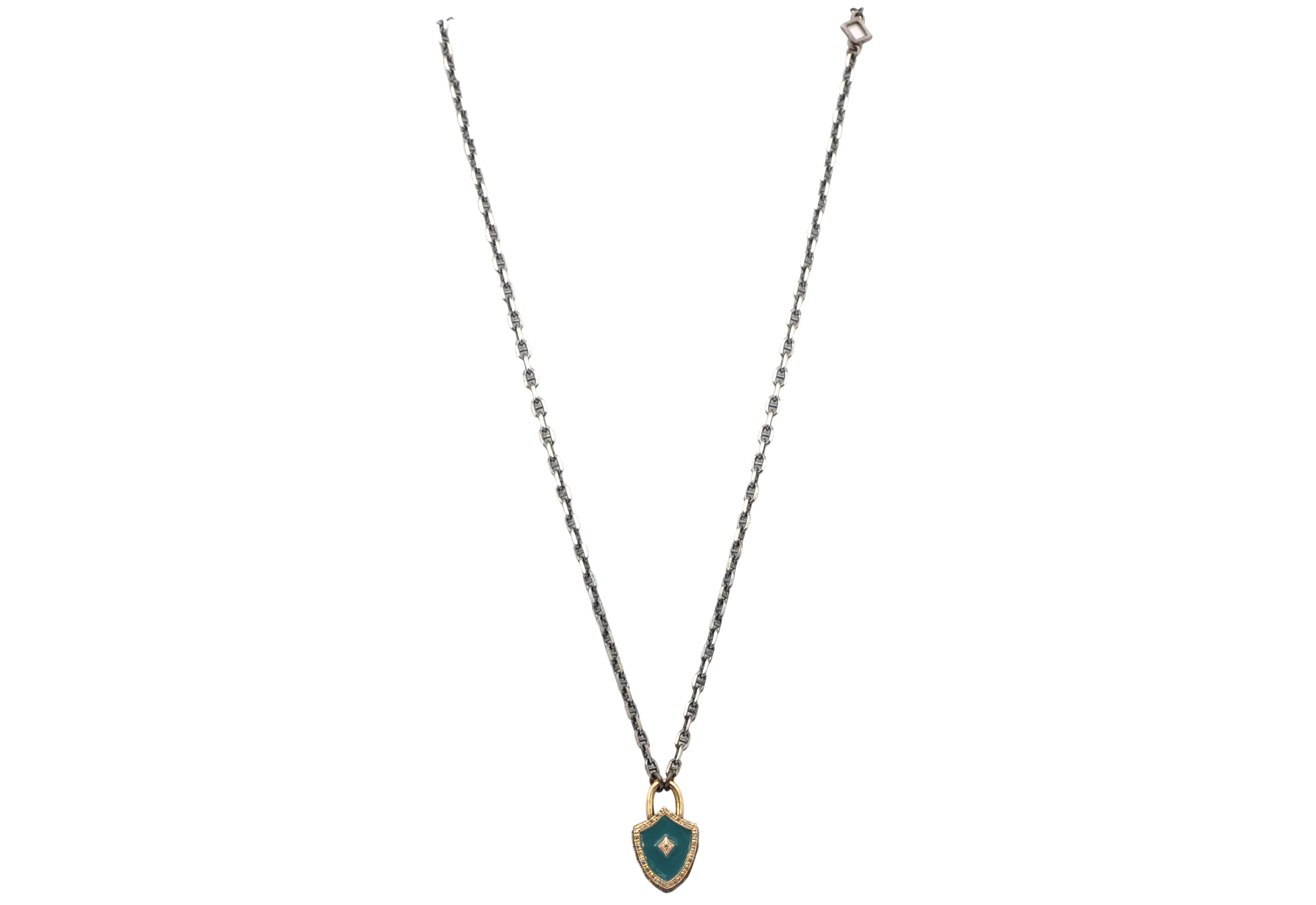 18" TEAL ENAMEL SHIELD PENDANT NECKLACE