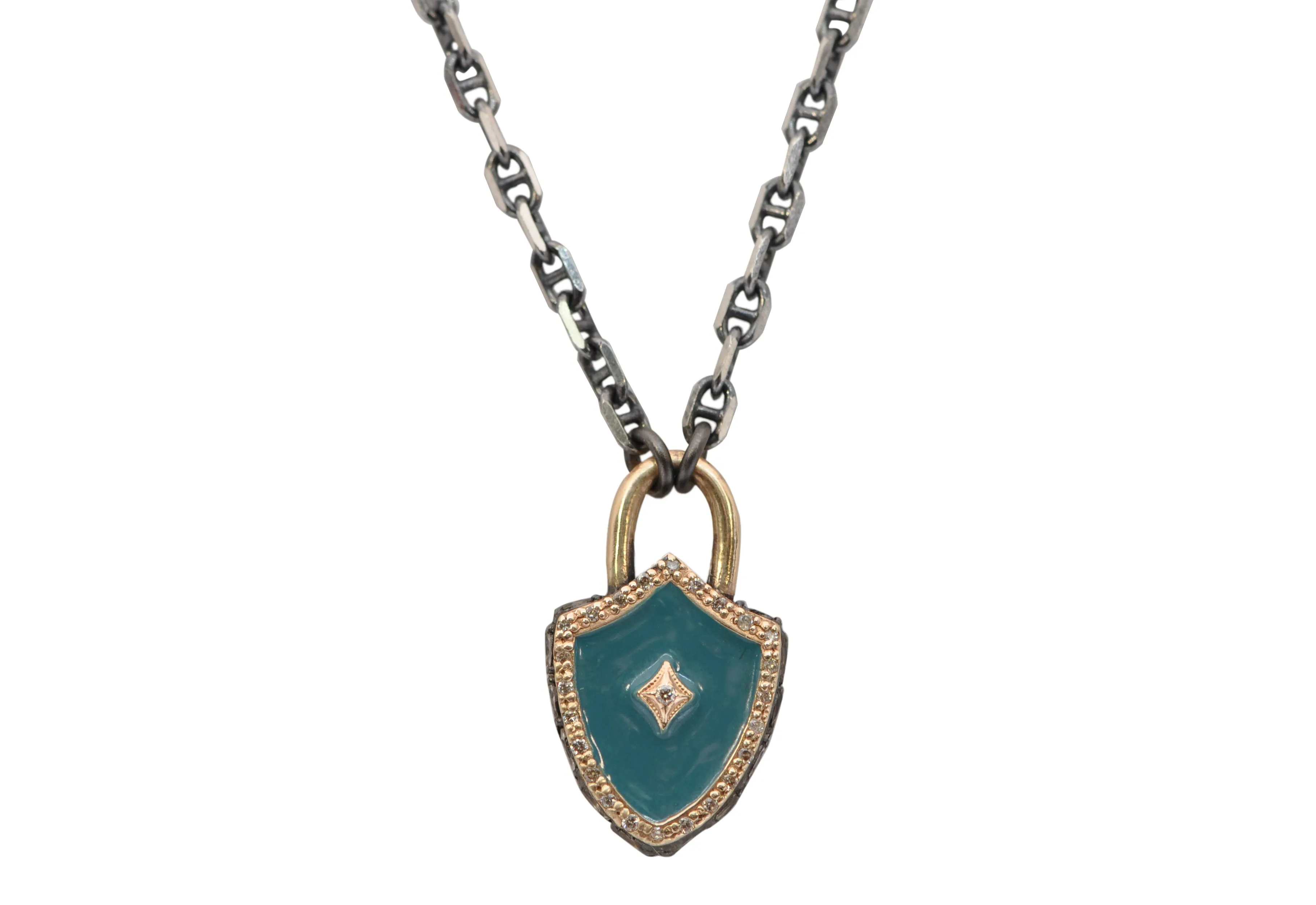 18" TEAL ENAMEL SHIELD PENDANT NECKLACE