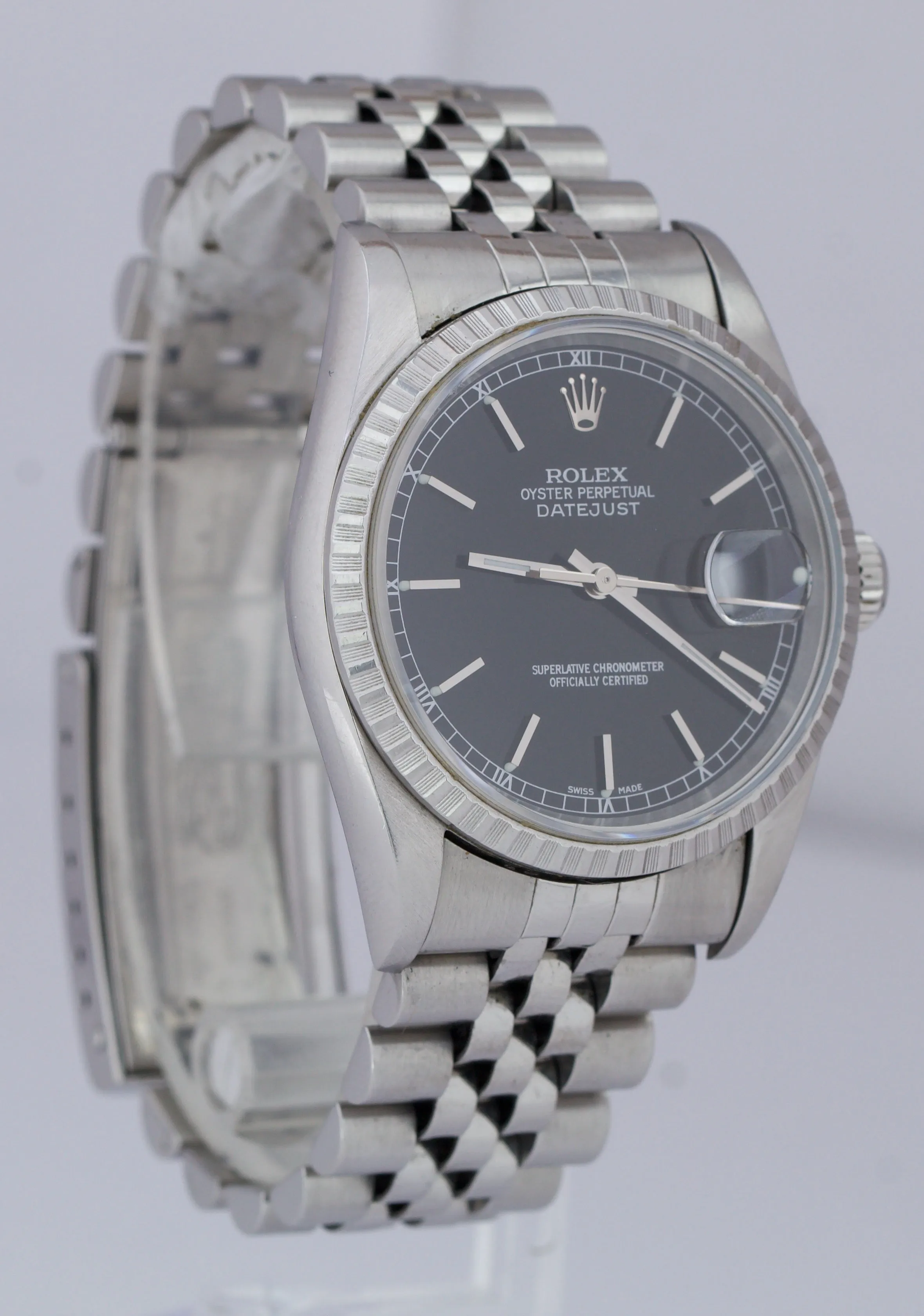1997 Rolex DateJust 36mm Black Stick 16220 NO HOLES Jubilee Stainless Watch B P