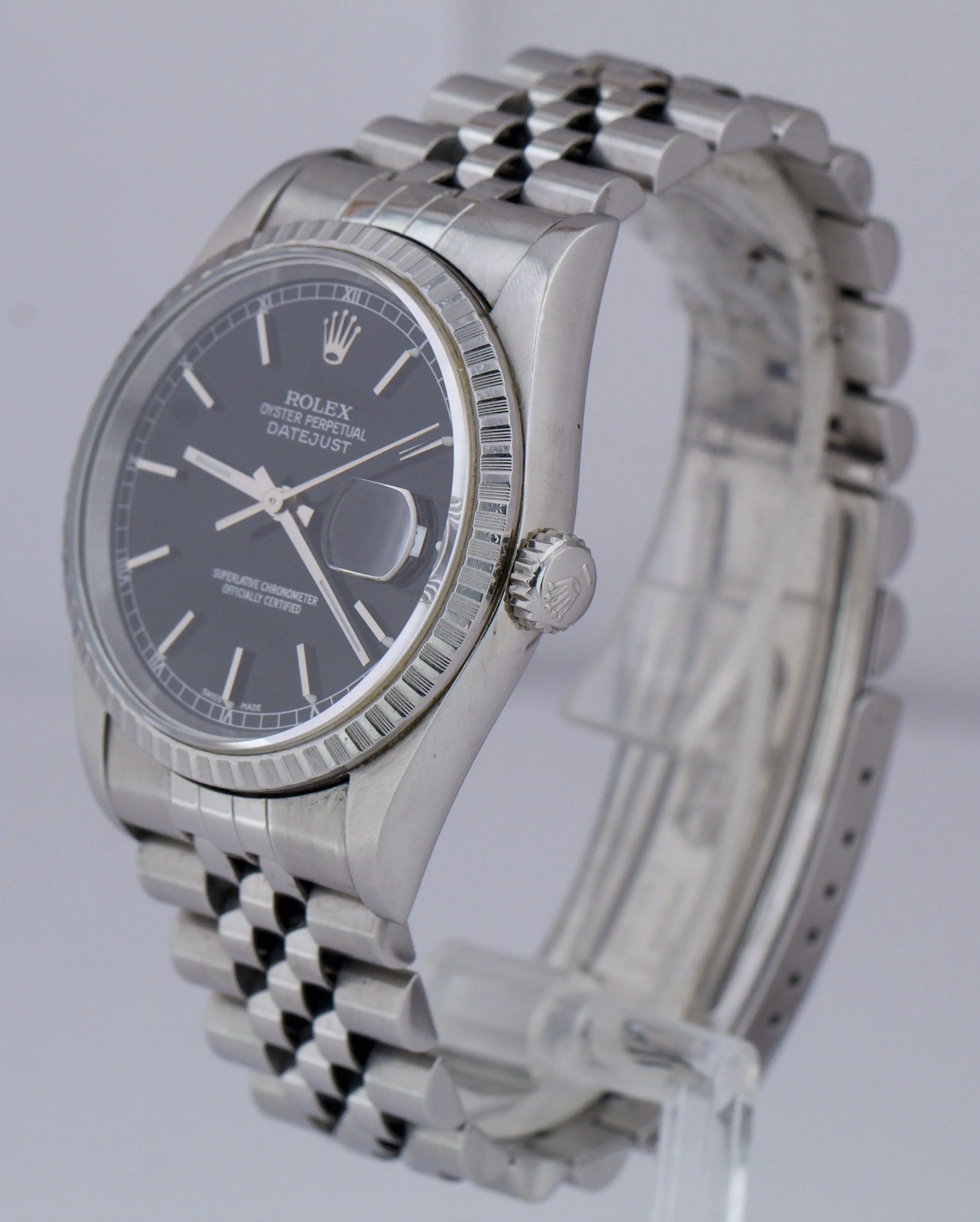 1997 Rolex DateJust 36mm Black Stick 16220 NO HOLES Jubilee Stainless Watch B P