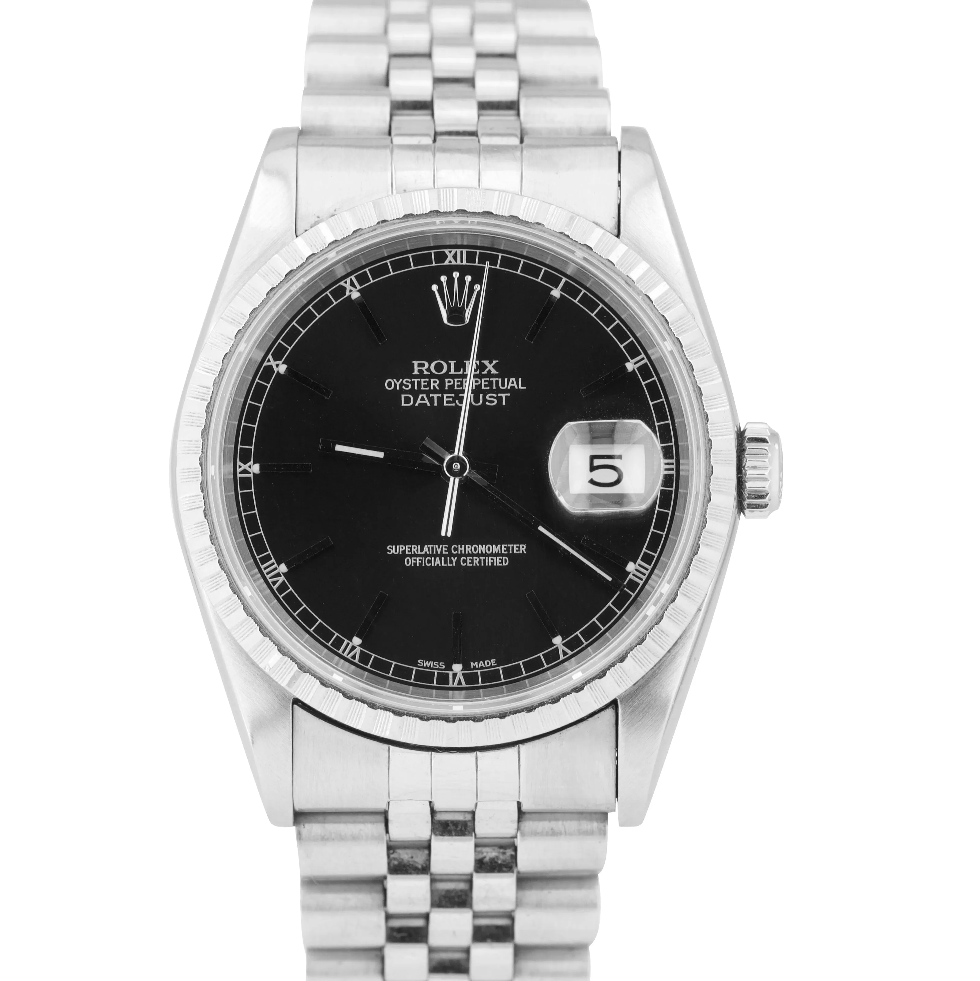 1997 Rolex DateJust 36mm Black Stick 16220 NO HOLES Jubilee Stainless Watch B P