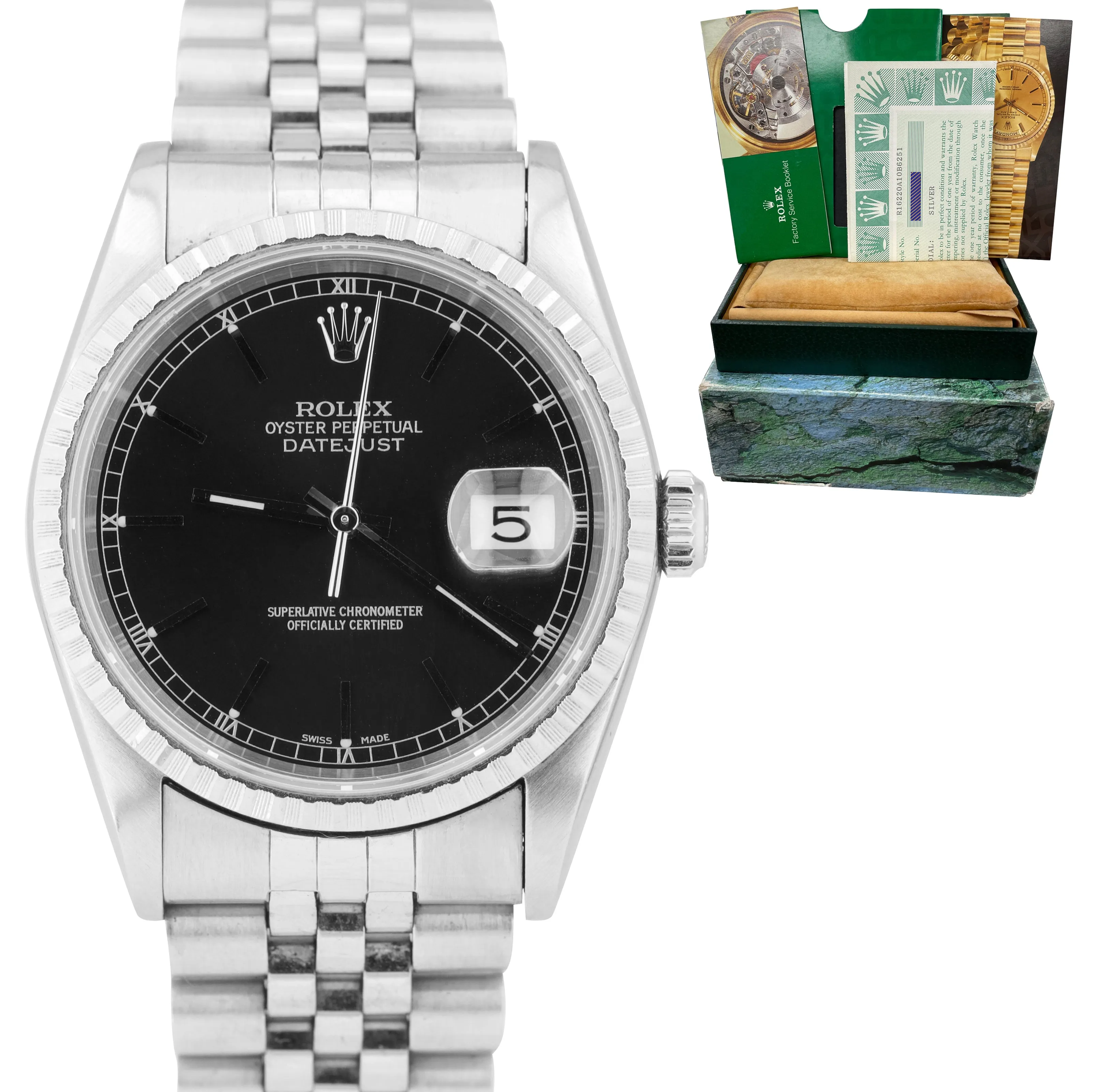 1997 Rolex DateJust 36mm Black Stick 16220 NO HOLES Jubilee Stainless Watch B P