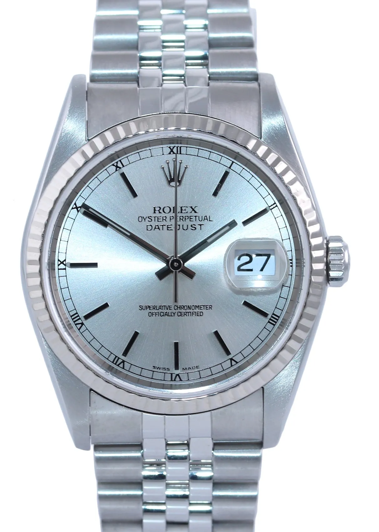 2005 Rolex DateJust 36mm 16234 Steel Silver Stick Jubilee 18k Gold Fluted Watch