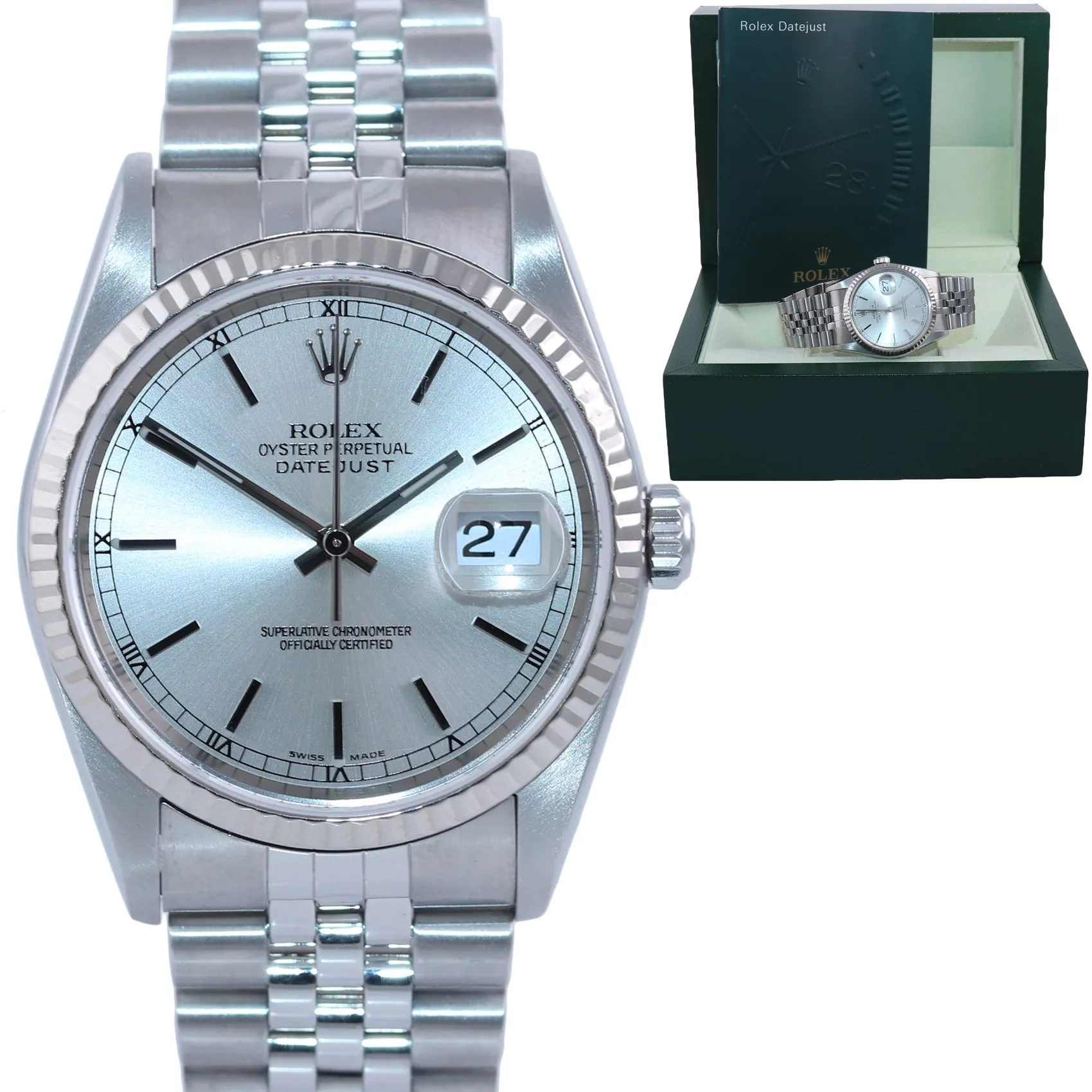 2005 Rolex DateJust 36mm 16234 Steel Silver Stick Jubilee 18k Gold Fluted Watch