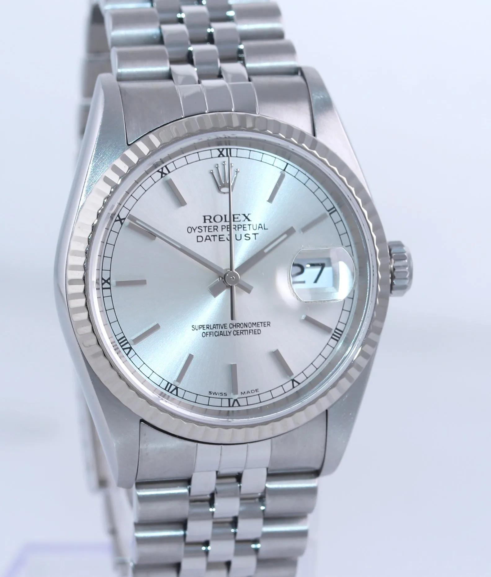 2005 Rolex DateJust 36mm 16234 Steel Silver Stick Jubilee 18k Gold Fluted Watch