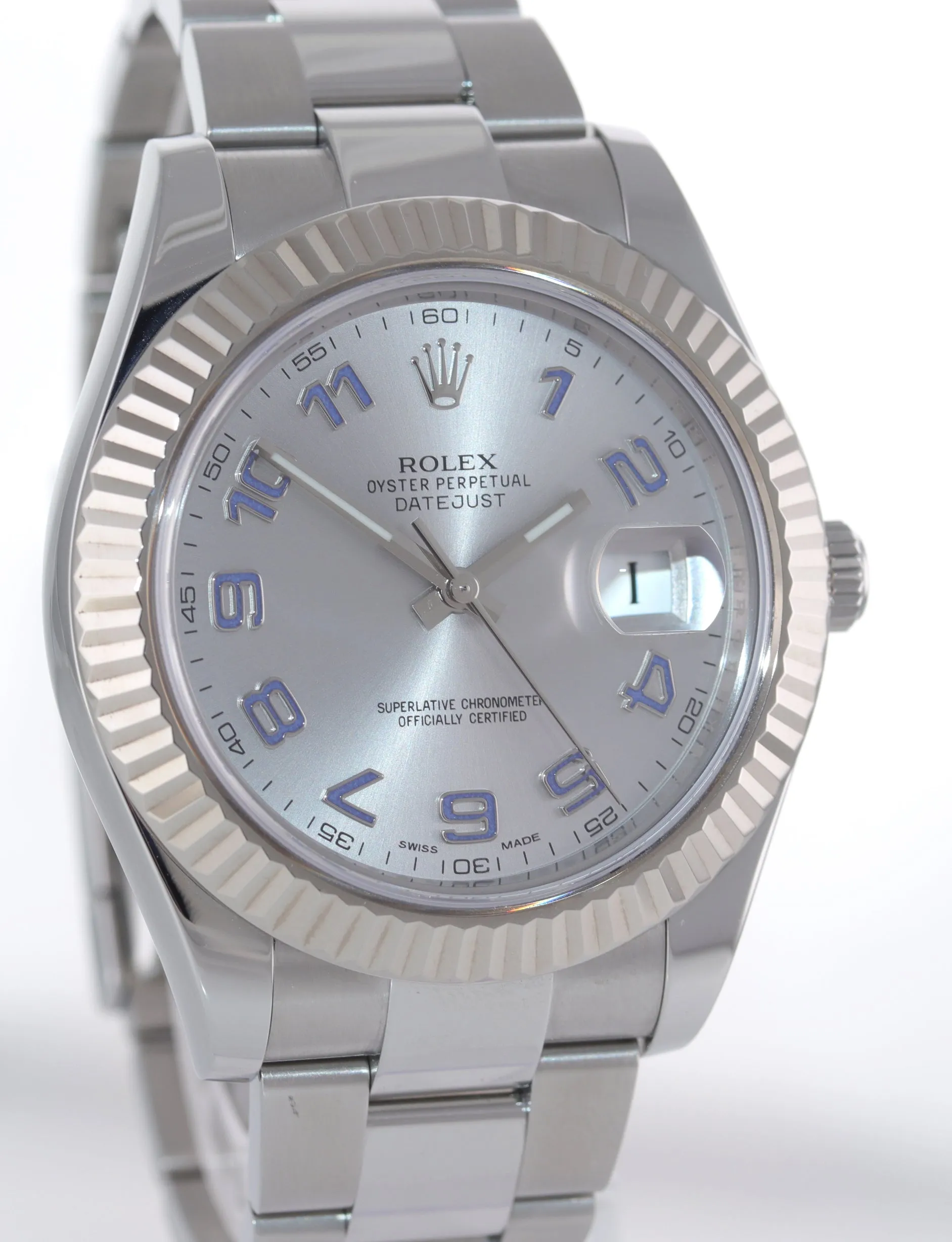 2016 PAPERS Rolex Datejust 41mm White Gold Steel Silver Blue Arabic 116334 Watch