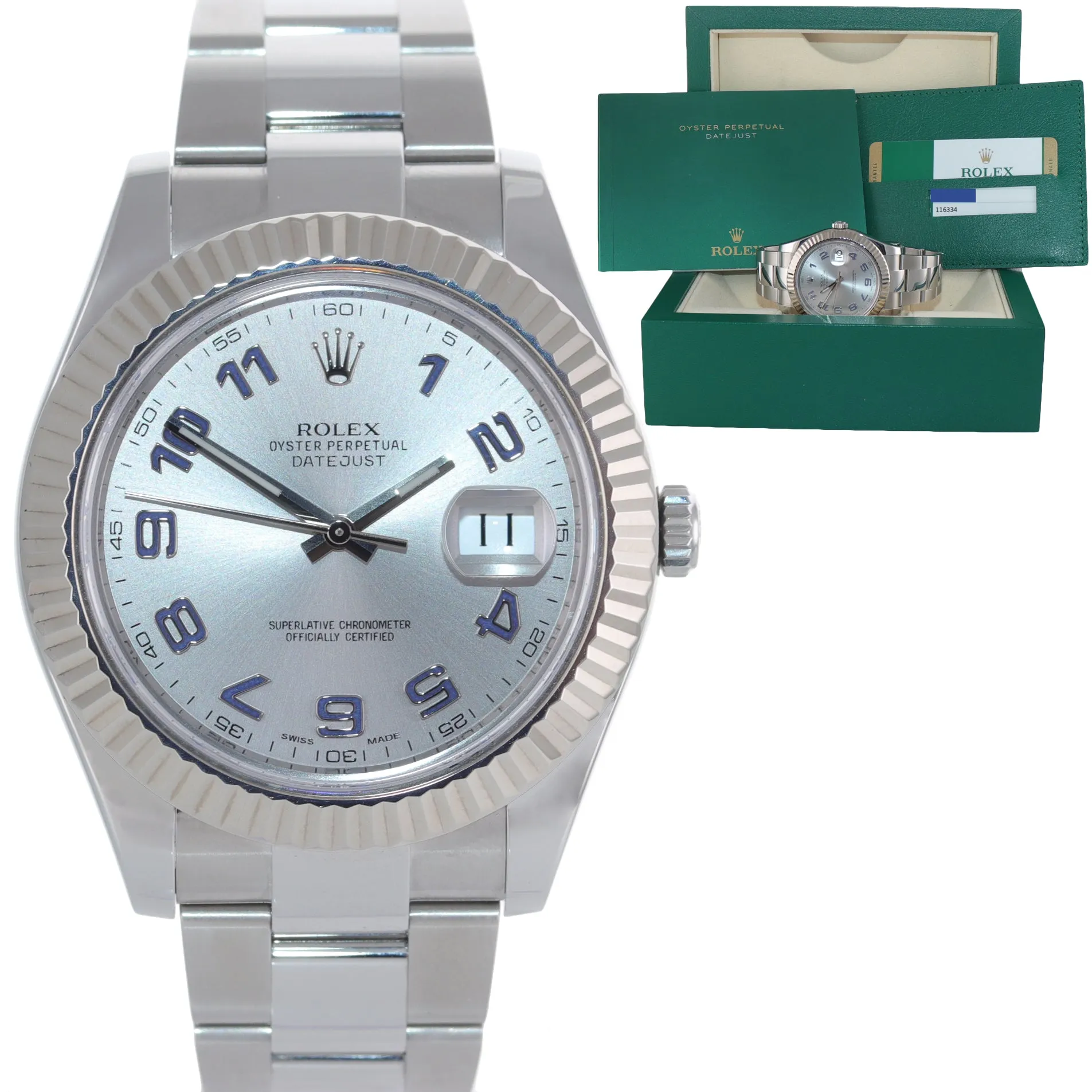 2016 PAPERS Rolex Datejust 41mm White Gold Steel Silver Blue Arabic 116334 Watch