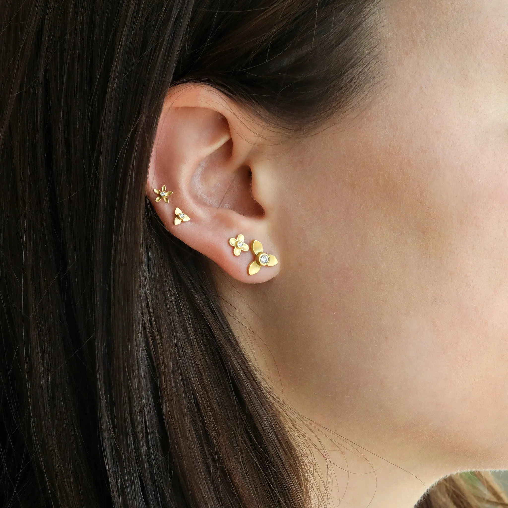 20K Gold Extra Extra Small Four Petal Flower Stud with Diamonds