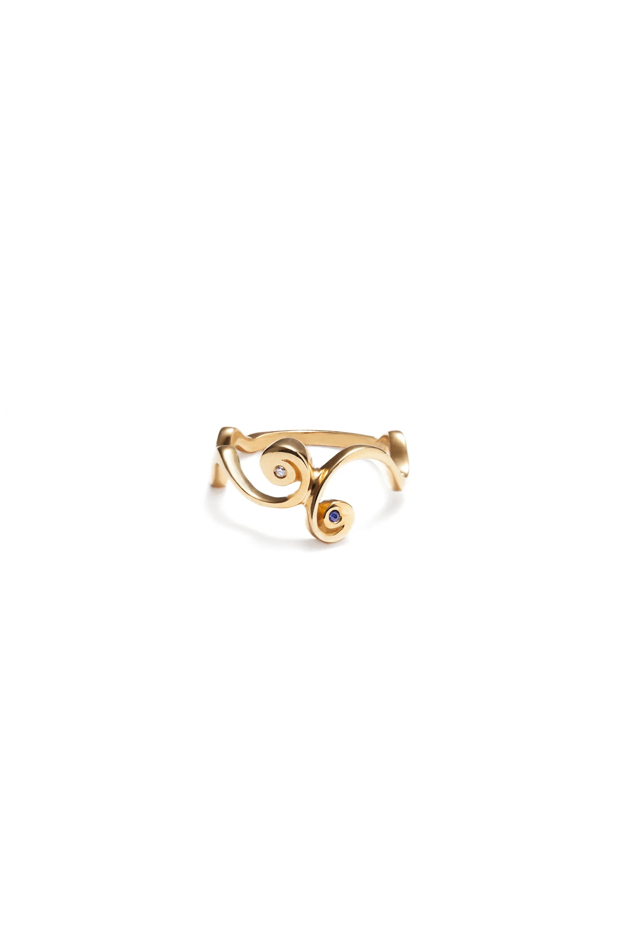 22k Gold Tendril Ring with Royal Blue Sapphire and Diamond