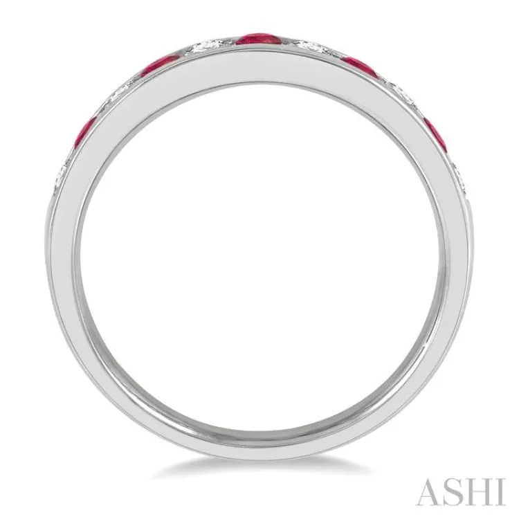 2.3 MM Ruby and 1/4 ctw Round Cut Diamond Precious Wedding Band in 14K White Gold