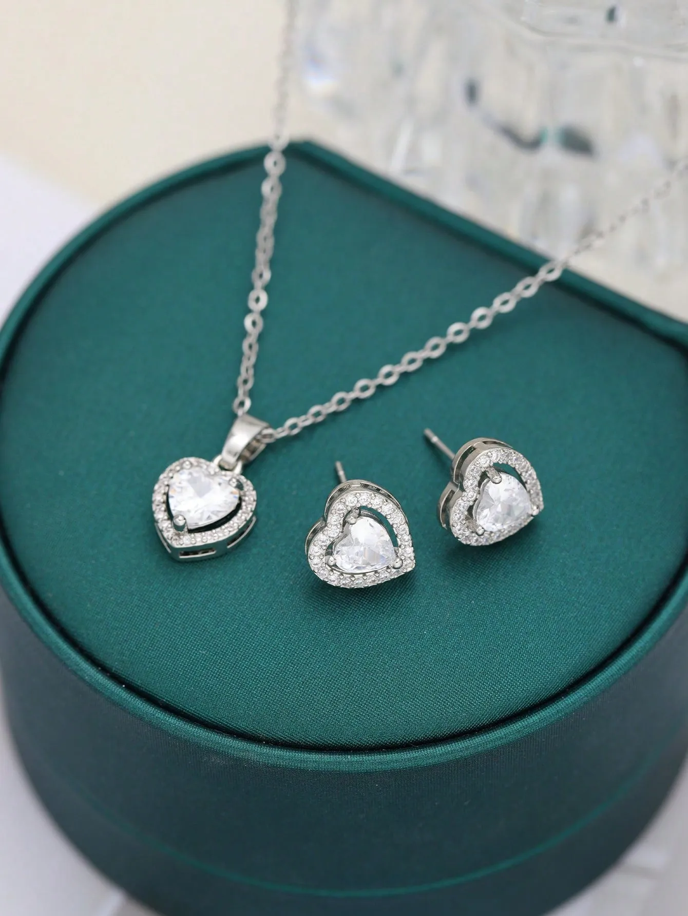 2pcs Heart Shaped Cubic Zirconia Necklace And Earrings Set