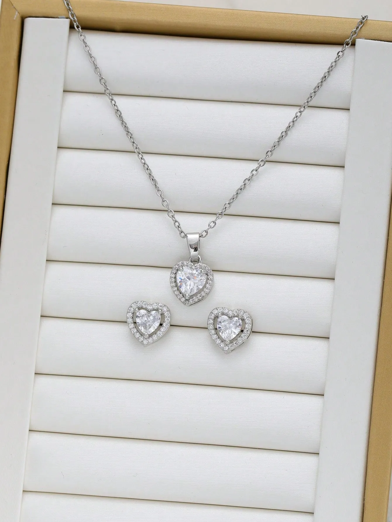 2pcs Heart Shaped Cubic Zirconia Necklace And Earrings Set