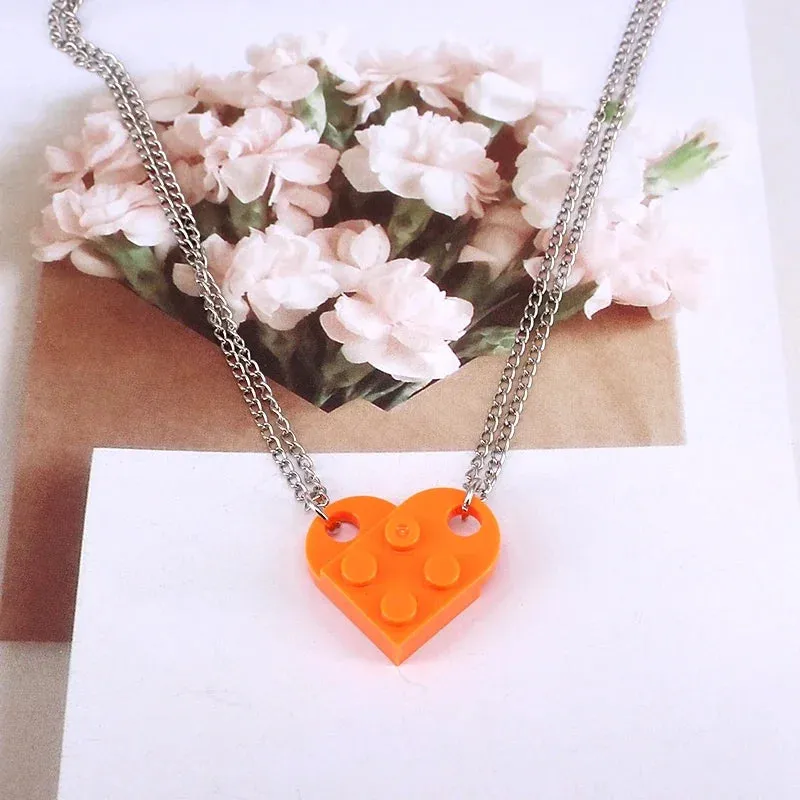 2pcs Punk Heart Brick Couples Love Necklaces for Women Men Lovers Friends Chains Necklaces Valentines Gift Jewelry