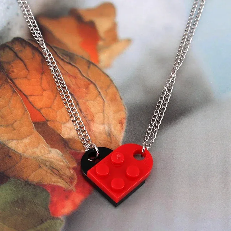 2pcs Punk Heart Brick Couples Love Necklaces for Women Men Lovers Friends Chains Necklaces Valentines Gift Jewelry
