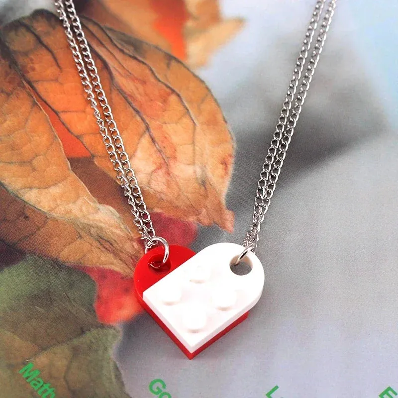 2pcs Punk Heart Brick Couples Love Necklaces for Women Men Lovers Friends Chains Necklaces Valentines Gift Jewelry