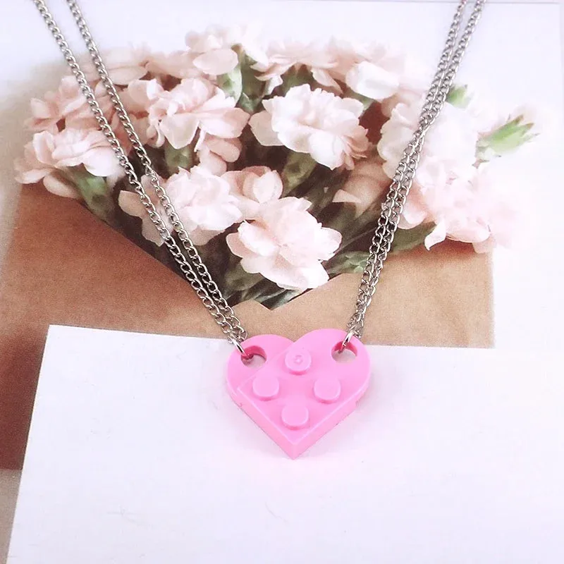2pcs Punk Heart Brick Couples Love Necklaces for Women Men Lovers Friends Chains Necklaces Valentines Gift Jewelry