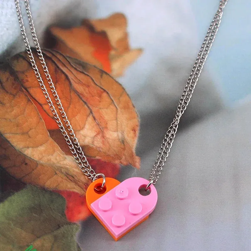 2pcs Punk Heart Brick Couples Love Necklaces for Women Men Lovers Friends Chains Necklaces Valentines Gift Jewelry