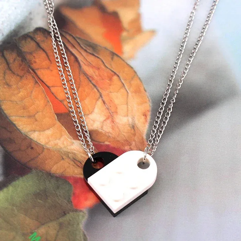 2pcs Punk Heart Brick Couples Love Necklaces for Women Men Lovers Friends Chains Necklaces Valentines Gift Jewelry