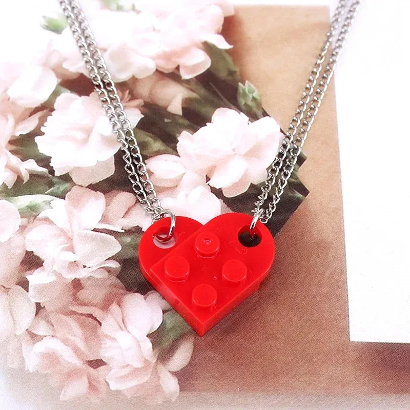 2pcs Punk Heart Brick Couples Love Necklaces for Women Men Lovers Friends Chains Necklaces Valentines Gift Jewelry